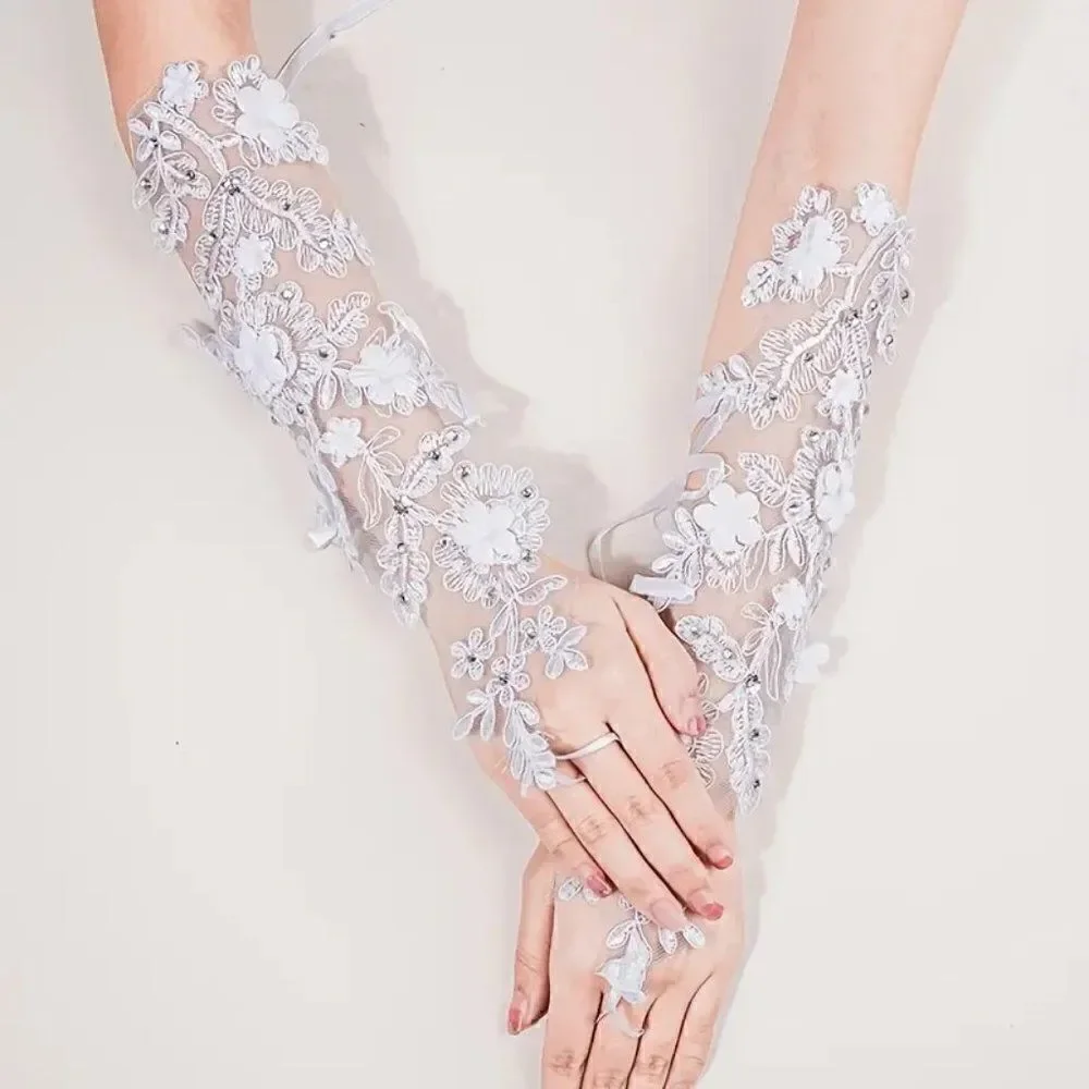 White Tulle and Lace Fingerless Bridal Wedding Gloves With Rhinestone Accents